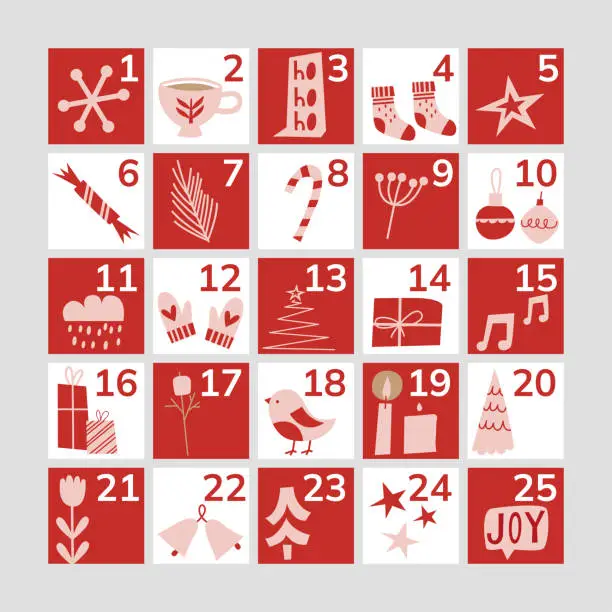 Vector illustration of Christmas Advent calendar.  Flat winter illustrations. Red calendar with Christmas symbols and holiday winter illustrations