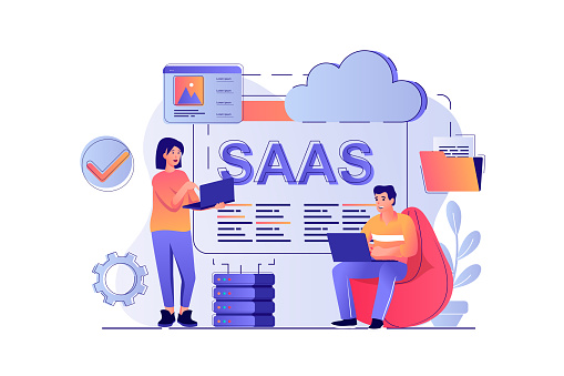 SaaS concept with people scene. Woman and man uses software as service, online subscription to programs, data center and cloud technology. Vector illustration with characters in flat design for web