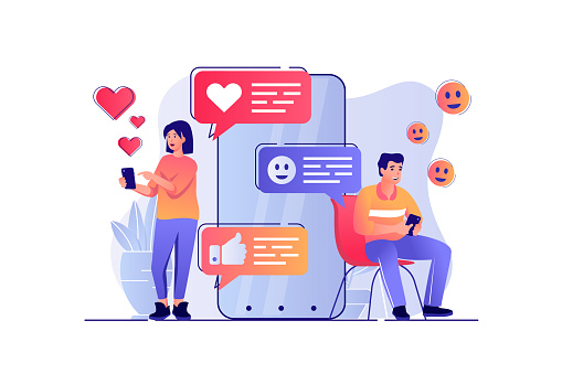 Social network concept with people scene. Woman and man writing messages, chatting, dating, browsing news feed, posts and likes in app. Vector illustration with characters in flat design for web