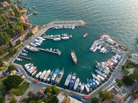 Aerial view of Antalya Marina in Old Town. Taken via drone. Antalya, Turkey