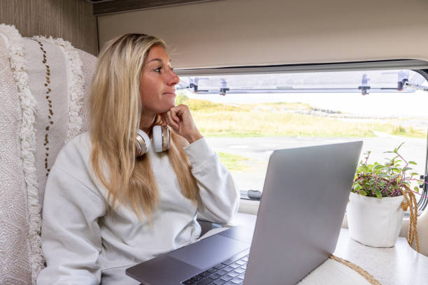 istock Young woman studying in her van, on the move learning concept 1427268073