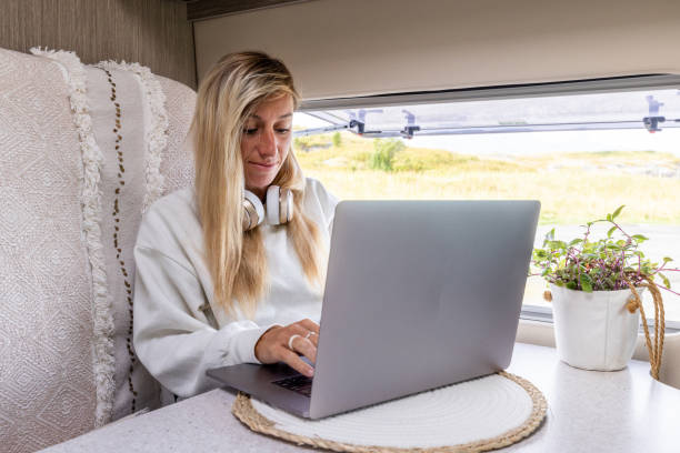 istock Young woman studying in her van, on the move learning concept 1427268075