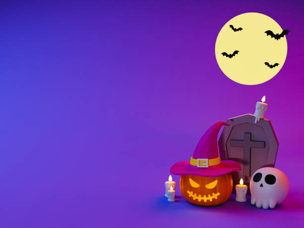 istock 3d horror Halloween theme. Halloween greeting template. Halloween compositions with copy space. Scary smile face pumpkin, skull, grave, candle, bat, and full moon. 3d illustration. 1427268183