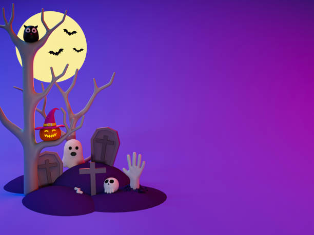 istock 3d horror Halloween theme. Halloween greeting template. Halloween composition with copy space. spooky tree, grave yard, ghost, skull smile pumpkin face, and owl. 3d illustration. 1427268185