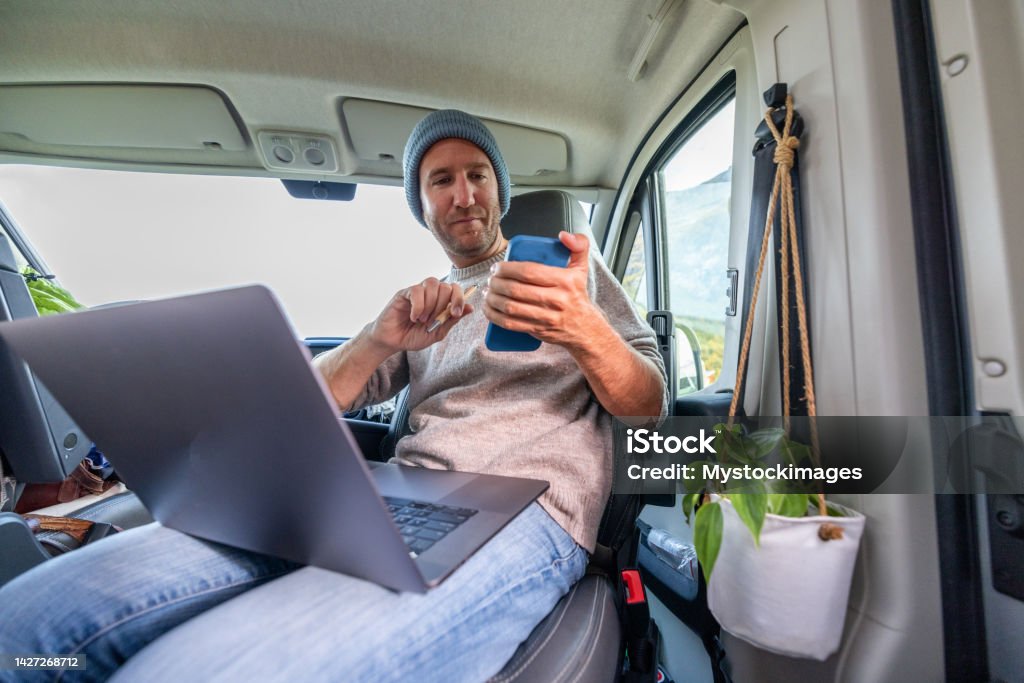 Van Study Young Man Studying In A Van On The Move Learning Concept Stock Photo ...