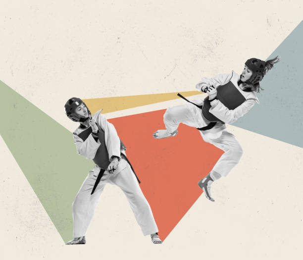 istock Jumping kick. Two young women, taekwondo practitioners training together over light background with geometric elements. Contemporary artwork 1427271041