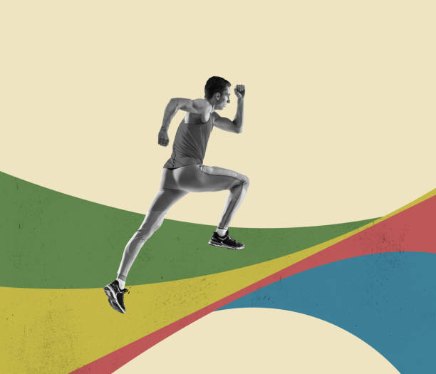 istock Professional runner, jogger on abstract colorful background. Modern design, contemporary collage. Inspiration, idea, magazine style, fashion and style. 1427271042