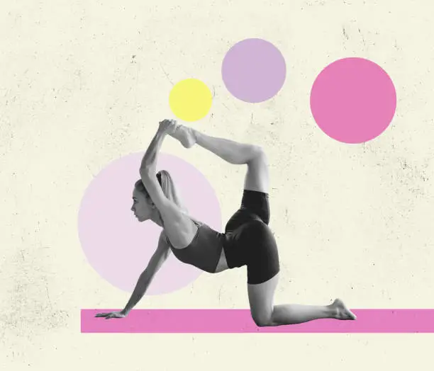 Photo of Contemporary art collage of young sportive girl doing yoga exercises, stretching on rug isolated over background with geometric elements.