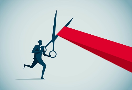 person holding giant scissors ready to cut ribbon, This is a set of business illustrations