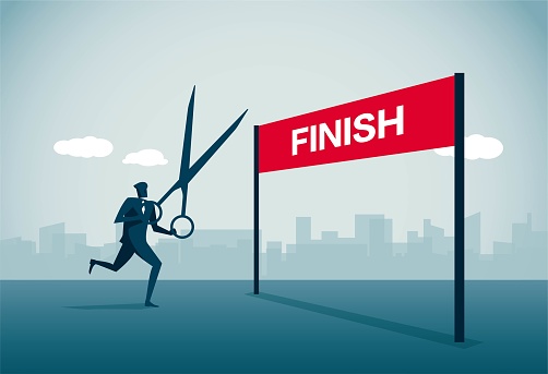 Man holding scissors is about to cross the finish line, This is a set of business illustrations