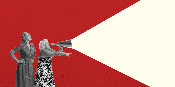 Two middle age women shouting at megaphone over red -white background. Concept of great sales, breaking news, black Friday, cebr Monday. Contemporary art collage.