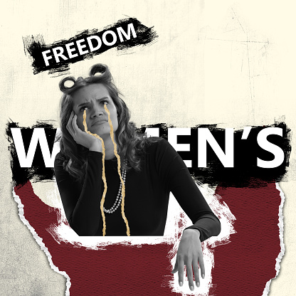 Protection of women's rights. Contemporary art collage. Surrealism. Fight, struggle for female rights, right to choose, gender equality, destroy gender stereotypes and freedom. Poster, banner for ad.