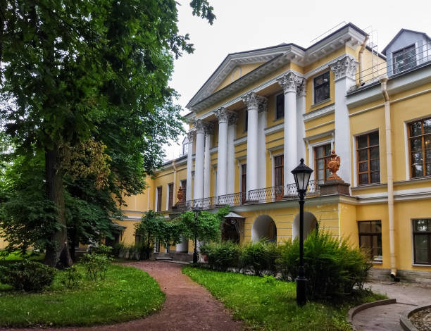 St. Petersburg, Russia - July 24, 2022: Palace of the Counts Bobrinsky, facade from the garden. Historic building in St. Petersburg, Russia