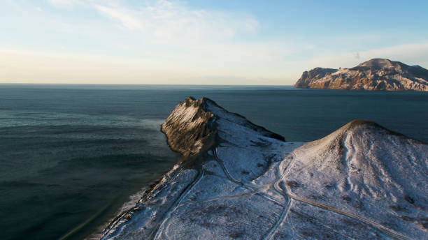 vue aérienne sur le bord de la côte montagneuse au groenland. vue aérienne sur les montagnes enneigées du groenland - aerial view greenland glacier scenics photos et images de collection