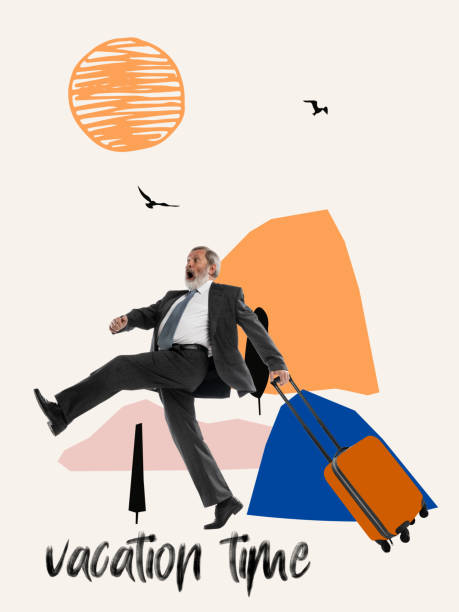 contemporary art collage. happy and excited senior man with suitcase running to travel. vacation time - abstract senior adult old past imagens e fotografias de stock