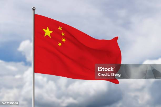 Chinees Flag On Sky Background 3d Illustration Stock Photo - Download Image Now - Art, China - East Asia, Cloud - Sky