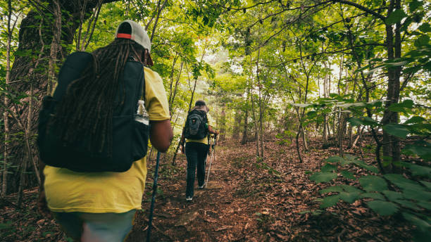 istock mature women hiking uphill through forest 1427276001