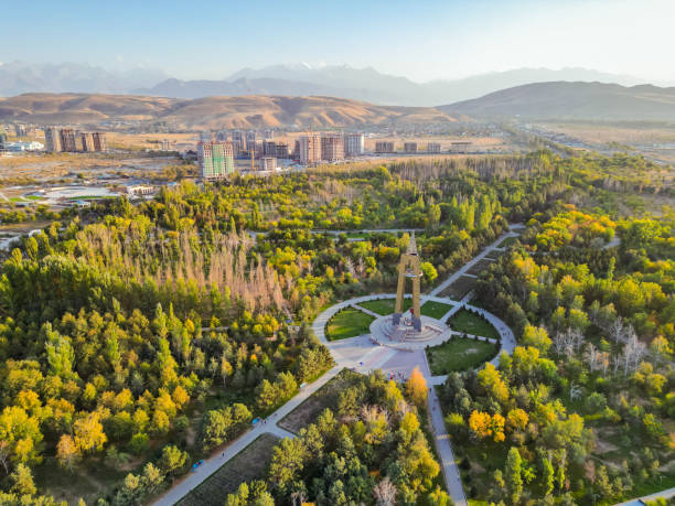 Aerial view of Victory park in Bishkek city Kyrgyzstan Aerial view of Victory park in Bishkek city Kyrgyzstan bishkek stock pictures, royalty-free photos & images