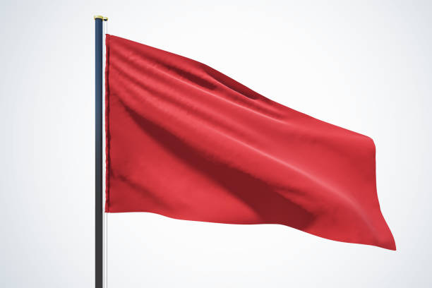 istock Blank red flag waving in the wind with copyspace for your logo or text isolated on light grey background. 3D rendering, mock up 1427280462