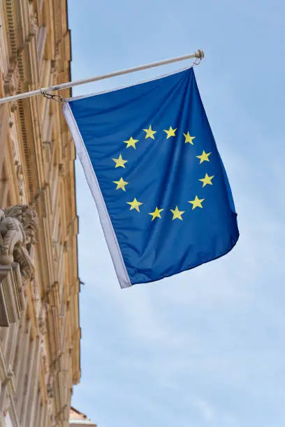 European flag on a building in the city of the European Parliament in Strasbourg, France