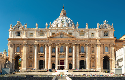 St Peter's Basilica in Vatican, Rome, Italy, Europe. San Pietro Cathedral is famous landmark of Rome. Front view of Catholic church. Concept of Vatican City, Baroque, sightseeing and travel in Rome.