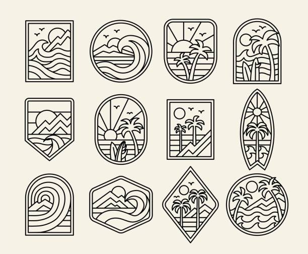 illustrations, cliparts, dessins animés et icônes de conceptions de badges d’art au trait de thème de surf vectoriel. - surf