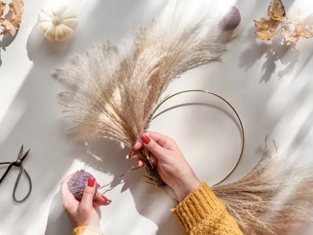 Hands making dried floral wreath from dry pampas grass and Autumn leaves. Hands in sweater with manicured nails tie decorations to metal frame. Flat lay on white table, sunlight with long shadows.