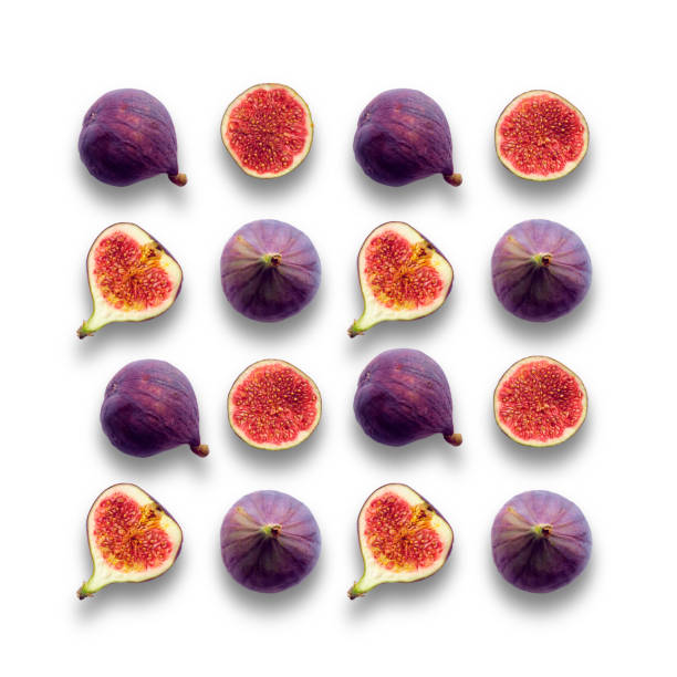 istock Fig fruits, whole and cut in half, seamless vibrant grid pattern on white color background 1427286532
