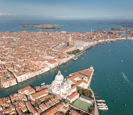 Beautiful Aerial panorama view of the famous Basilica di Santa Maria della Salute with St. Mark's Square, Venice, Italy
