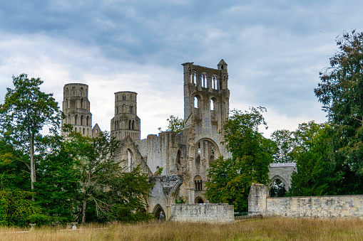 Ruins of an old Benedictine monastery and abbey in Jumieges in Normandy