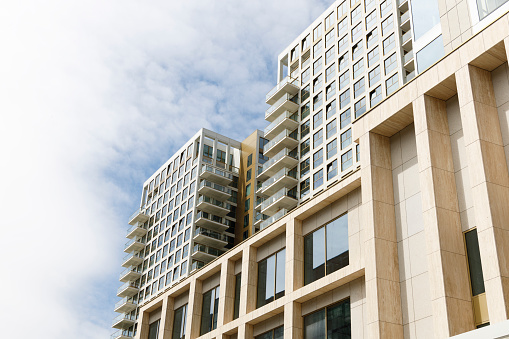 looking up at modern residential building block in Rotterdam copy space, Houtlaan