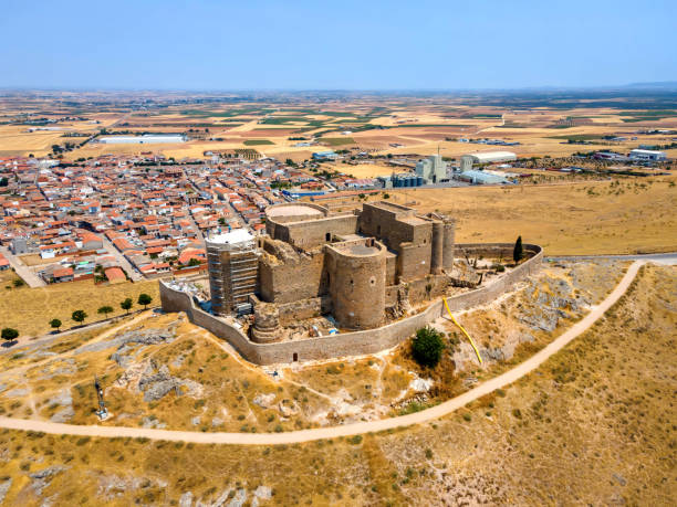 An aerial view of iconic Consuegra Castle (Spanish: Castillo de Consuegra) stock photo