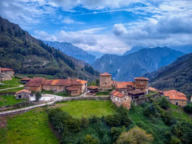 View of the medieval village of Bandujo in Asturias mountains. North of Spain.
