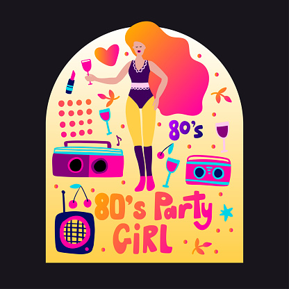 Retro party 80s music poster with gradient lettering 70s vintage disco dance flyer, cartoon character vector person
