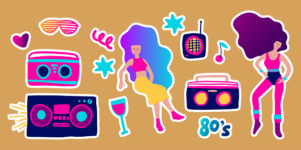 80s clipart retro character. Vintage vector retro icon psychedelic party hippy design.