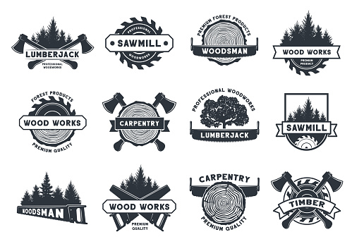 Wood works badge. Lumberjack, sawmill and carpentry emblems. Trees, pine log cut, saw and axe tools vector template set of logo stamp sawmill illustration