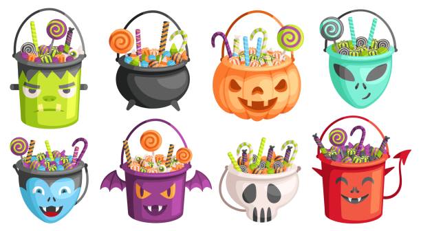 2208.m01.i028.n007.P.c30.1470707963 Halloween buckets. Trick or treat bags, pumpkin bucket with candies and candy hunt pack cartoon vector Illustration set Halloween buckets. Trick or treat bags, pumpkin bucket with candies and candy hunt pack cartoon vector Illustration set of halloween candy bag or basket halloween candy stock illustrations