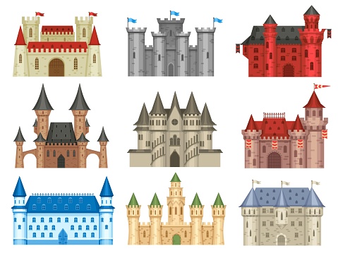 Medieval castles. Gothic palace, ancient king house and old kingdom castle tower vector set of palace fortress illustration
