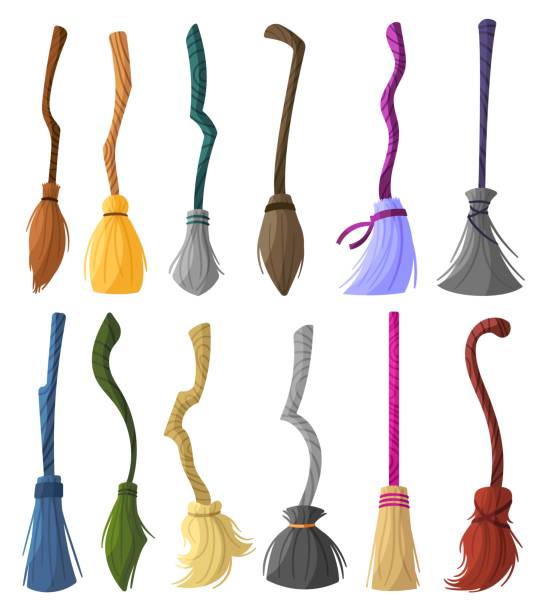 illustrations, cliparts, dessins animés et icônes de balais de sorcière. balai magique d’halloween, balai sorcier et vieil outil propre en bois pour les tâches ménagères cartoon vector set - wizard magic broom stick