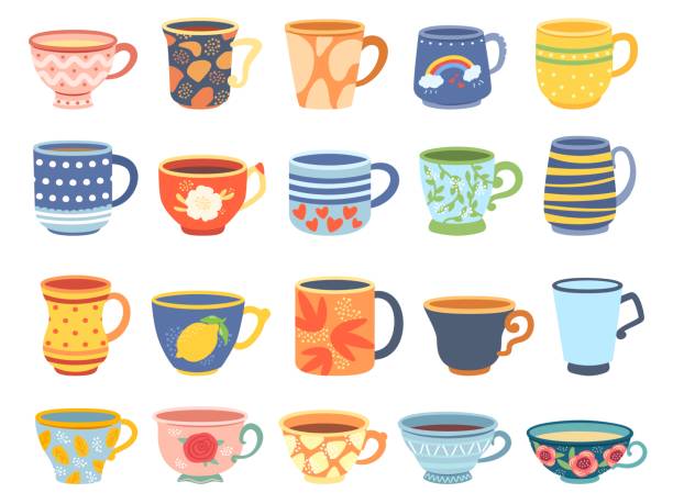 мультяшные чашки. винтажная английская чашка, кофейная чашка и кухонная кружка. чайная церемония векторный набор иллюстраций - tea cup illustrations stock illustrations
