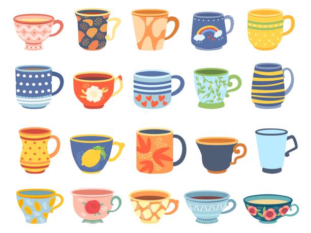 Cartoon cups. Vintage english teacup, coffee cup and kitchen mug. Tea ceremony vector Illustration set Cartoon cups. Vintage english teacup, coffee cup and kitchen mug. Tea ceremony vector Illustration set of cup porcelain tableware tea cup and saucer stock illustrations