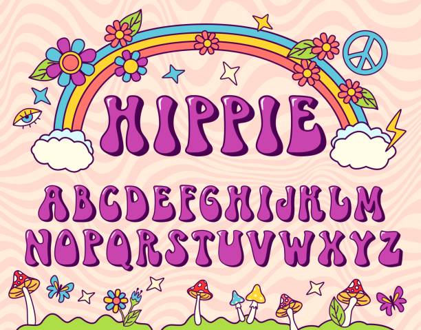 ilustraciones, imágenes clip art, dibujos animados e iconos de stock de fuente estilizada hippie. alfabeto groovy, letras de los años setenta para el diseño de letras noépticas. tipo de letra vectorial retro - hippy