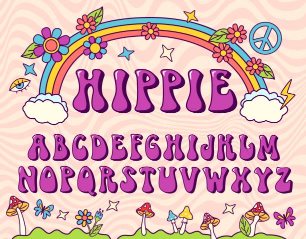 ilustrações, clipart, desenhos animados e ícones de fonte estilizada hippie. alfabeto groovy, letras dos anos 70 para design de letras não estálgicas. tipo de vetor retrô - funky