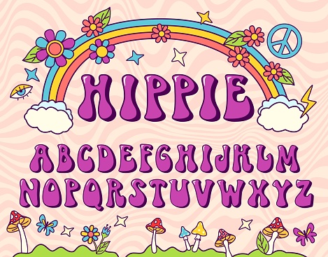 Hippie stylized font. Groovy alphabet, seventies letters for nostatgic lettering design. Retro vector typeface and typography alphabet, type graphic and typeface illustration