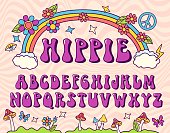 Hippie stylized font. Groovy alphabet, seventies letters for nostatgic lettering design. Retro vector typeface
