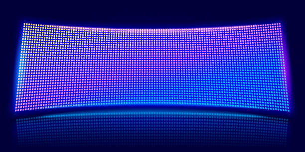 istock Curved LED screen. Digital stadium scene, glowing video stage and lcd pixel diodes display vector background 1427296227