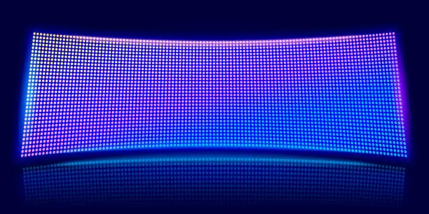 Vector illustration of Curved LED screen. Digital stadium scene, glowing video stage and lcd pixel diodes display vector background