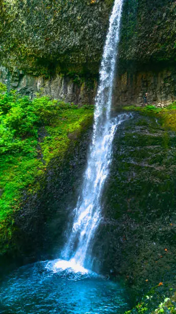 Photo of Long double waterfalls near South Falls in the Silver Falls State Park near Salem, Marion County, Oregon. Long exposure photography.