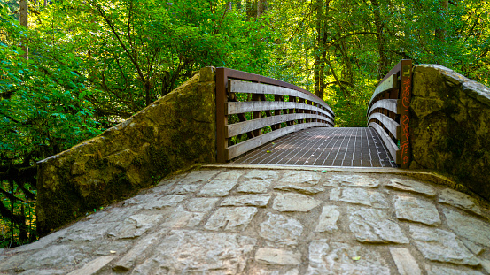 Wood and stone bridge in the Silver Falls State Park near Salem, Marion County, Oregon