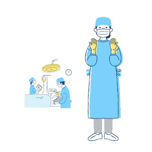 Surgery scene and surgeon in surgical gown Surgery, operating room, doctor, nurse, disease, patient, person、medical, medicine, surgical light stock illustrations